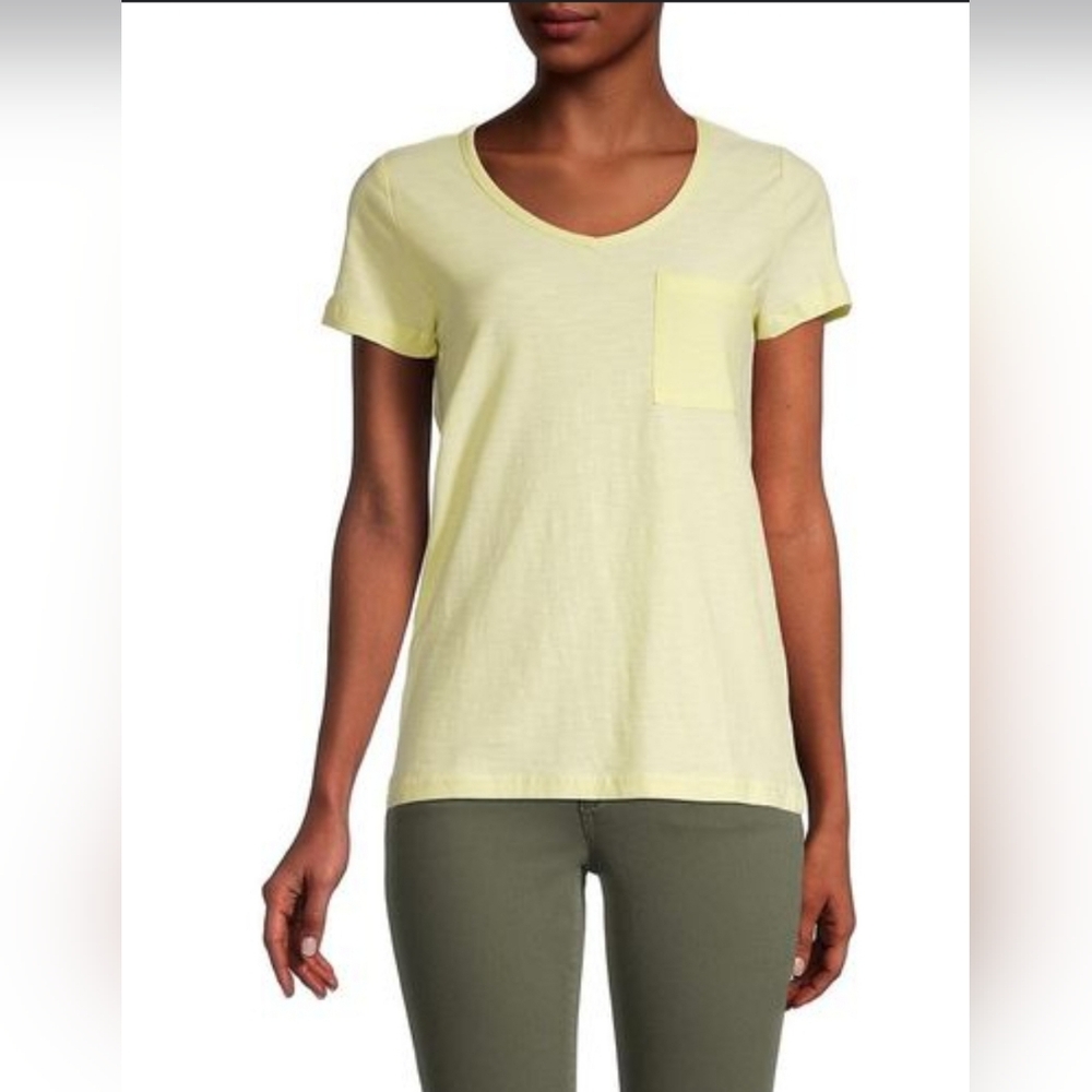 Saks Fifth Avenue Pastel Yellow Cotton V-Neck Pocket Tee Size XS